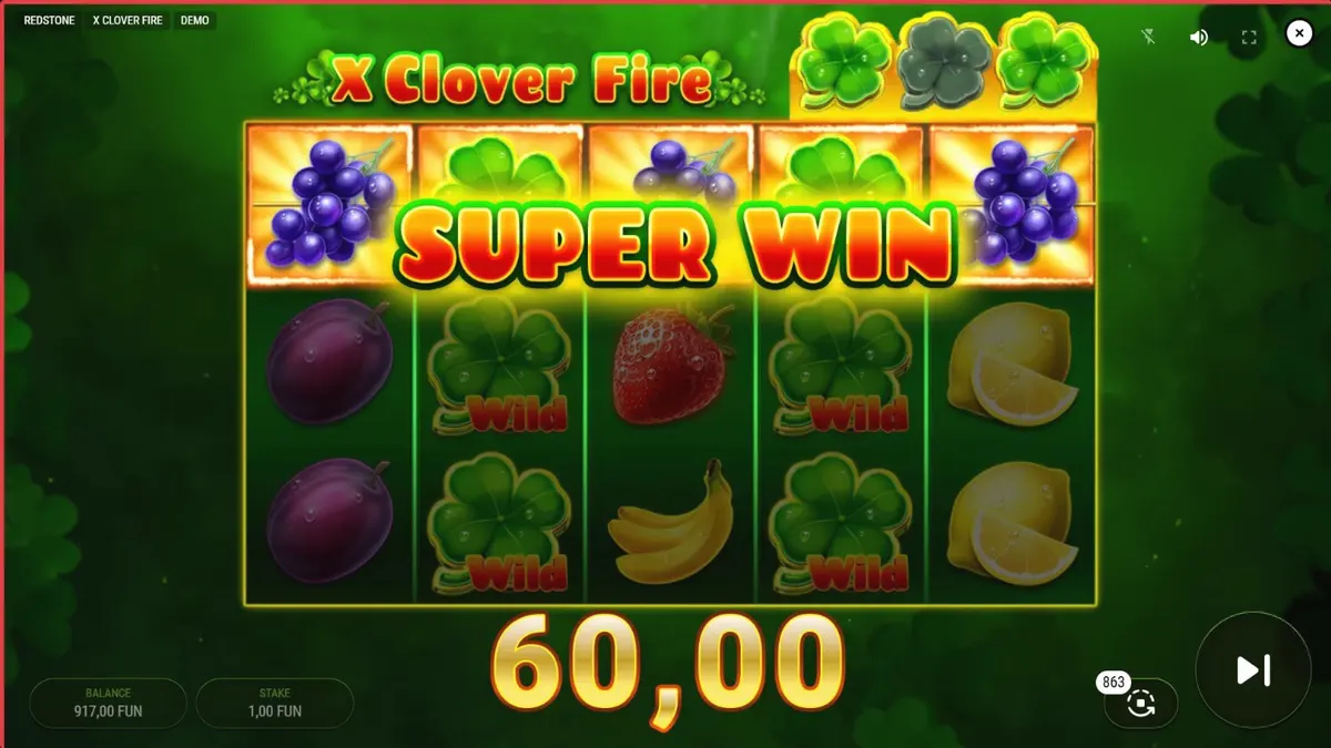 Tampilan visual mesin slot X Clover Fire dengan simbol buah dan clover yang menyala